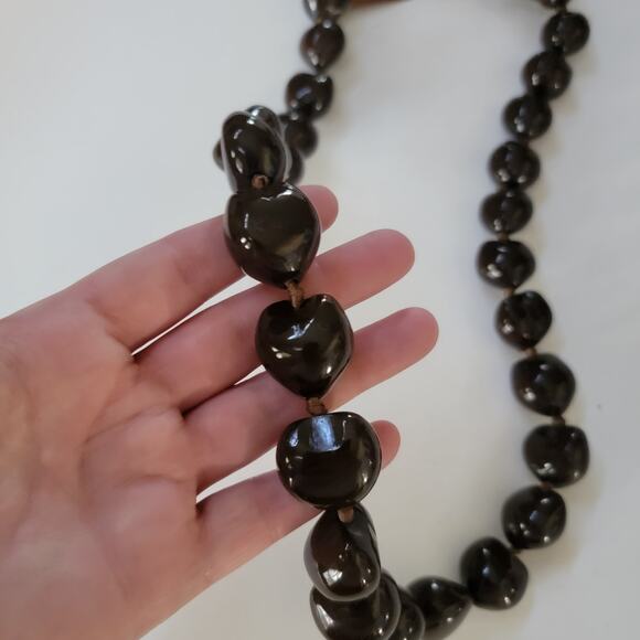 Chunky Brown Shell Necklace Natural Bead Jewelry with Ribbon Tie Boho Statement - Picture 9 of 10